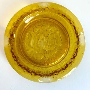 Vtg Anchor Hocking Yellow Glass Cigar Ashtray Lotus Tulip Flower MCM Heavy